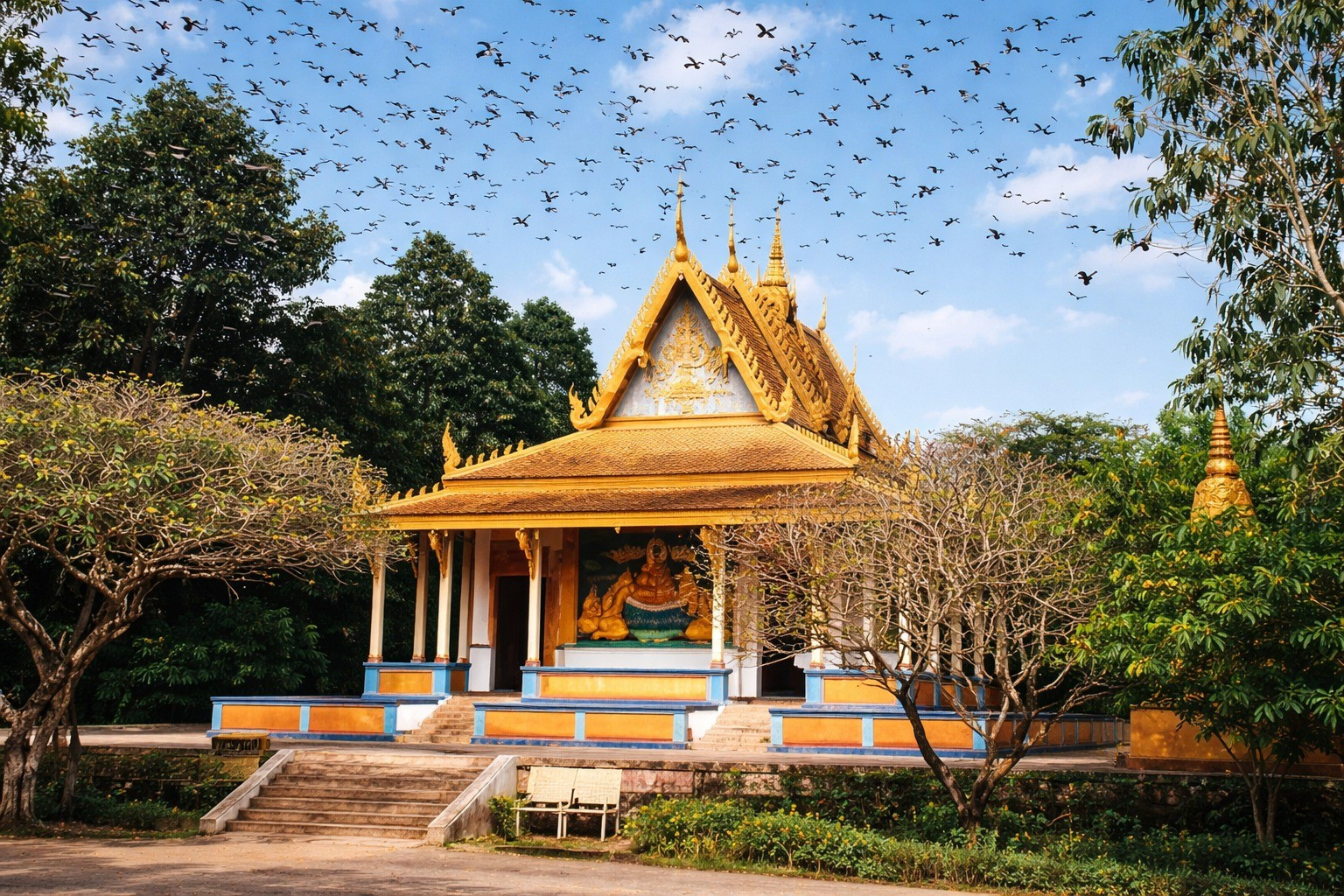 Phía khuôn viên trong Chùa Dơi- Sao Biển Tourist có tổ chức tour ghép khách lẻ và đi đoàn riêng 